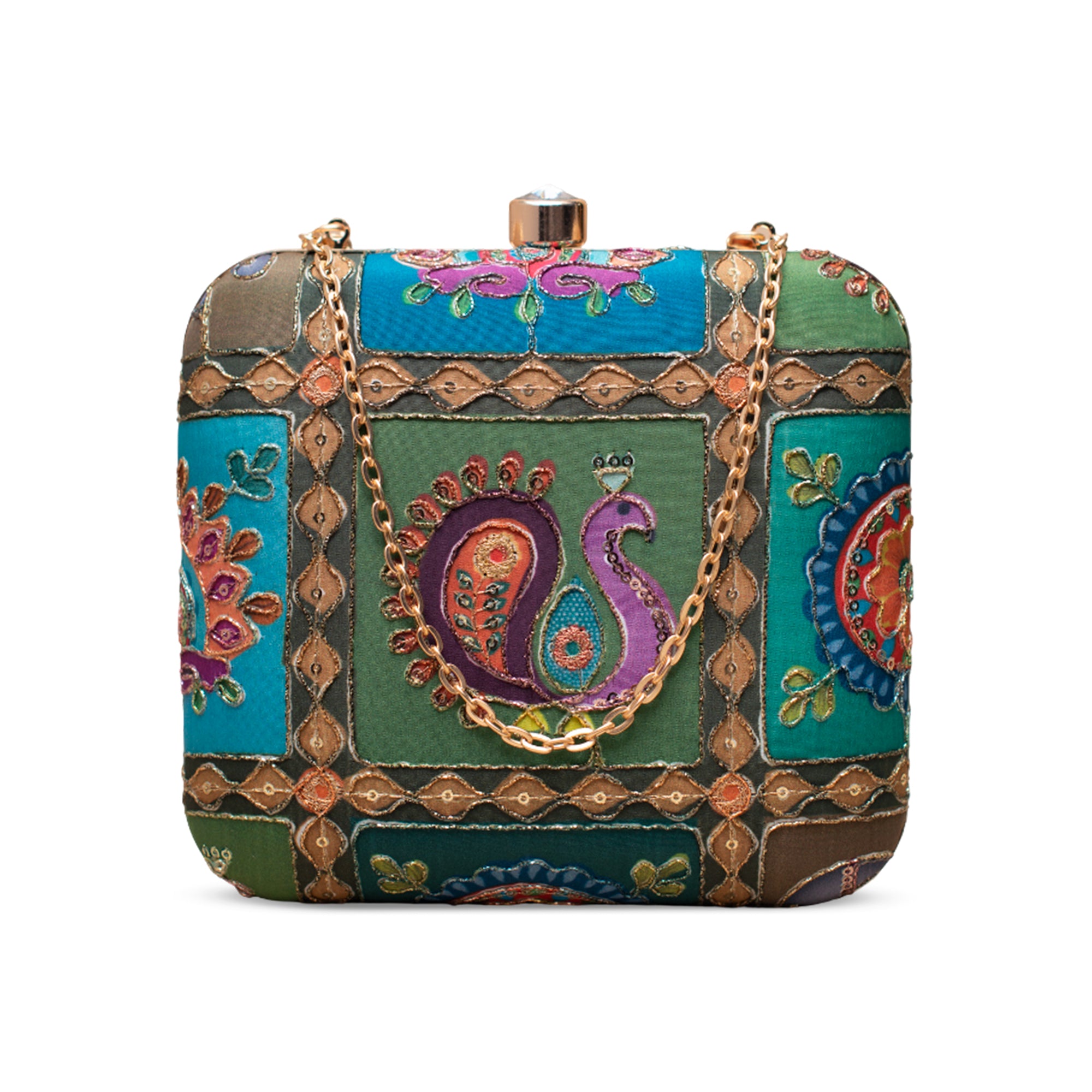Artklim Royal Green Heritage Peacock Embroidered Clutch
