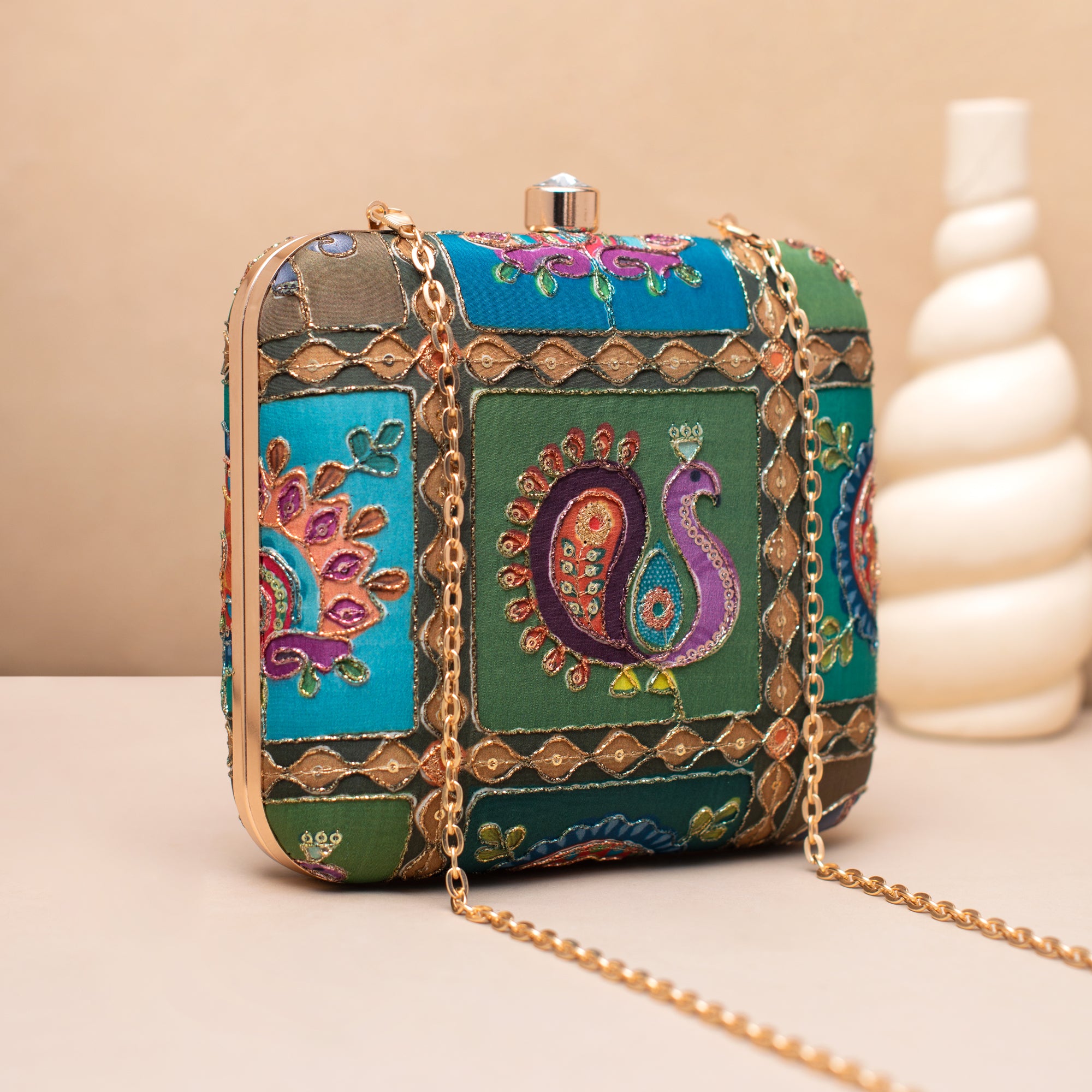 Artklim Royal Green Heritage Peacock Embroidered Clutch