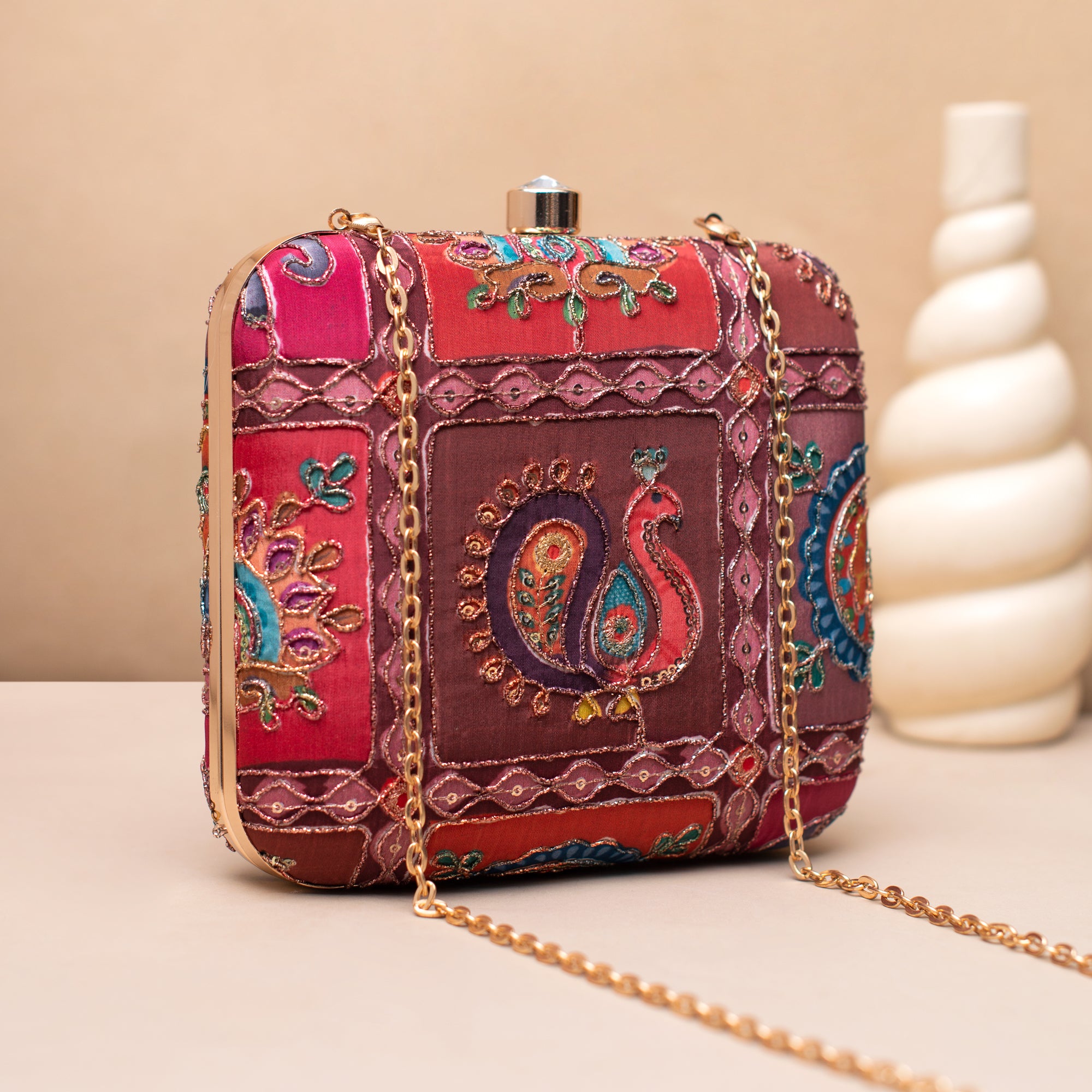 Artklim Royal Red Heritage Peacock Embroidered Clutch