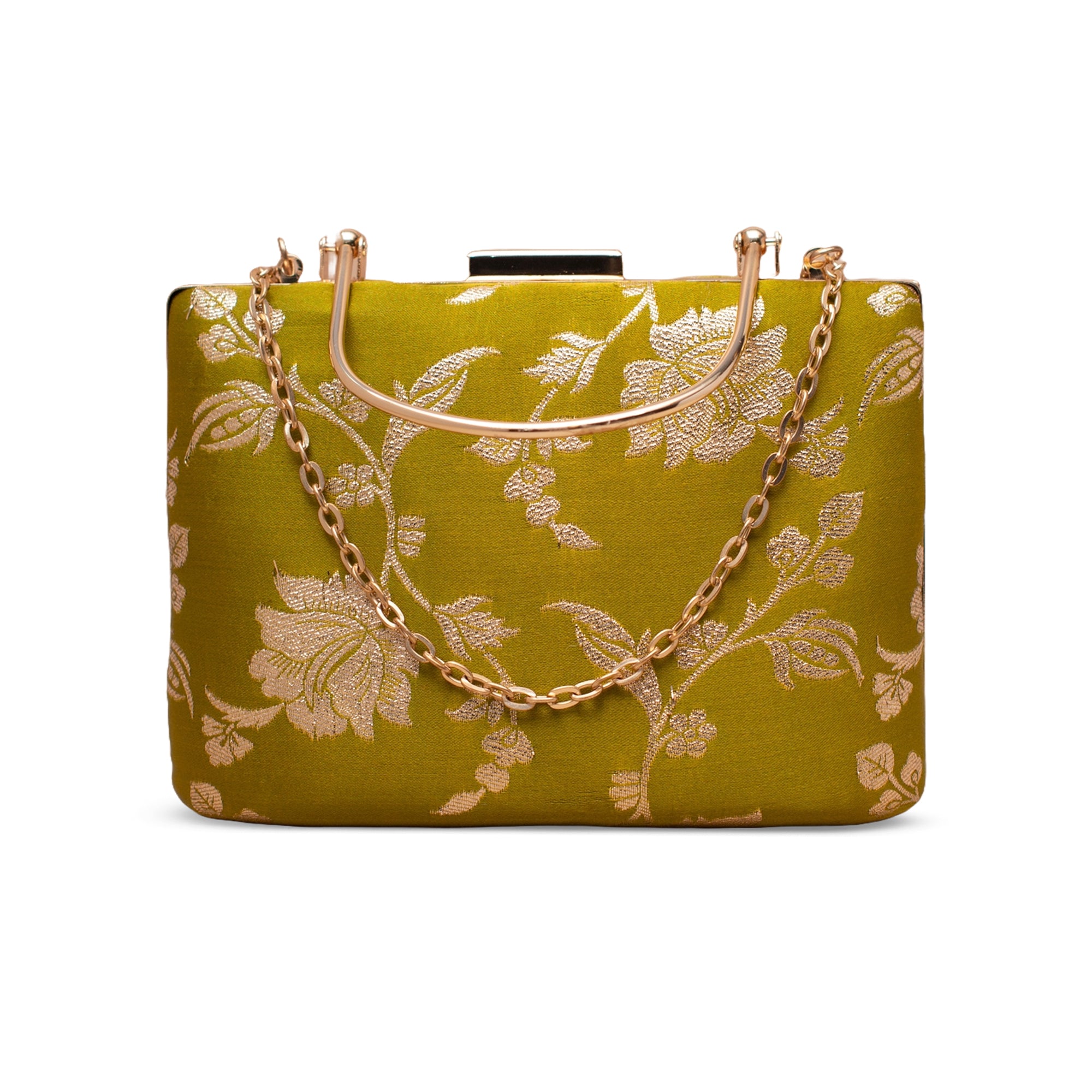 Artklim Lime Green Gold Floral Embroidered Clutch