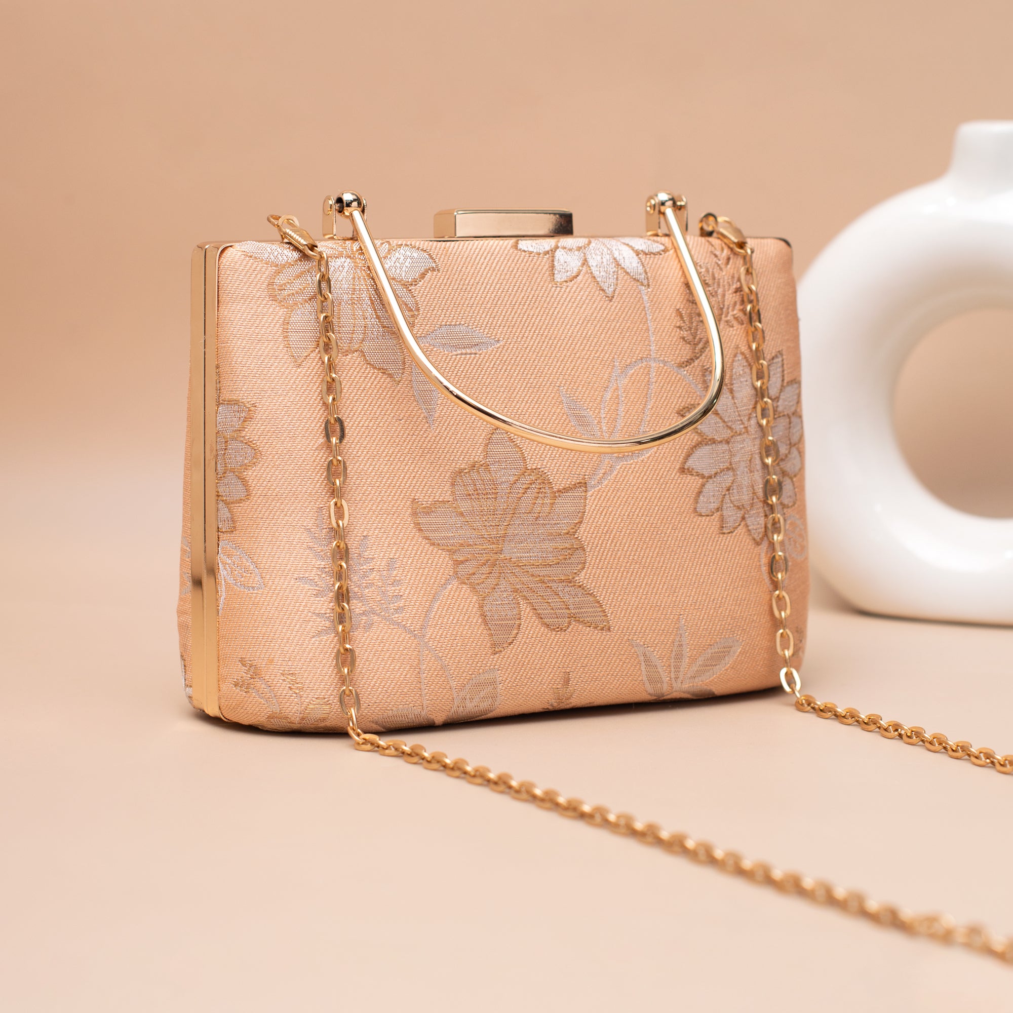 Artklim Soft Champagne Gold Floral Embroidered Clutch