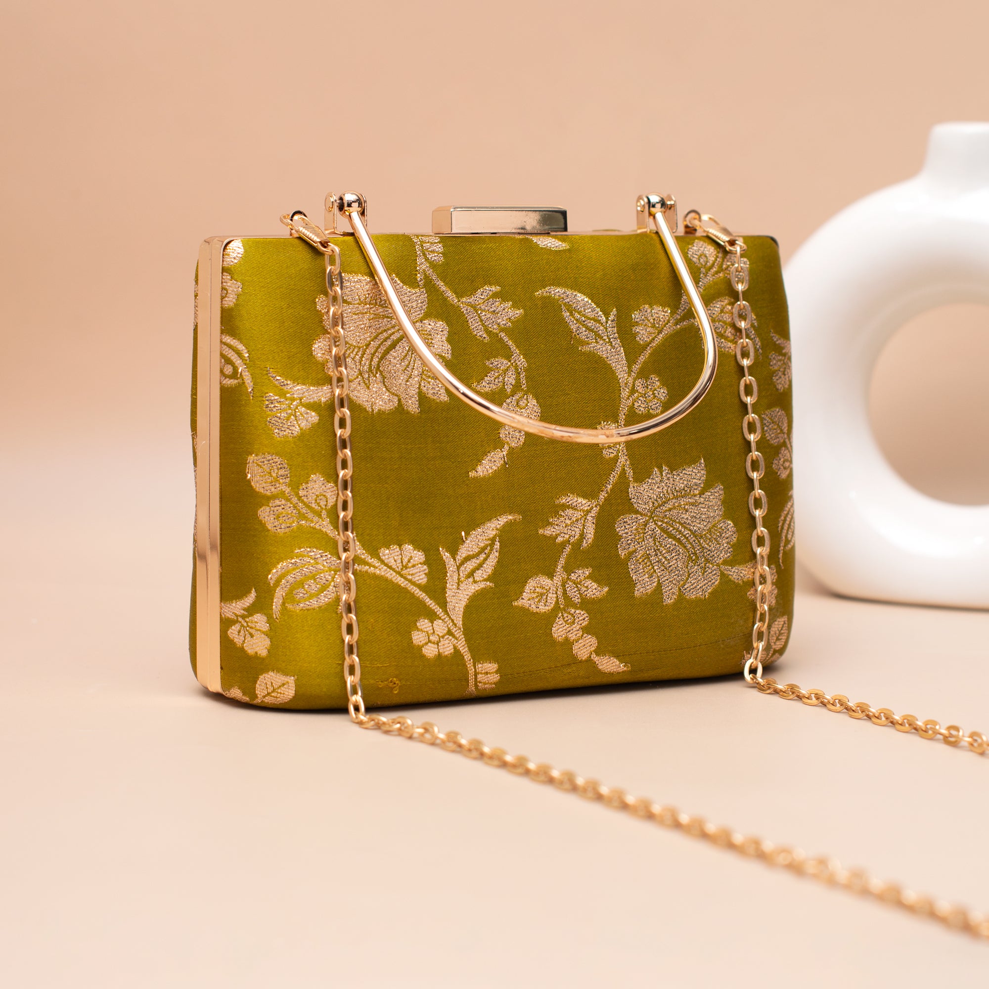 Artklim Lime Green Gold Floral Embroidered Clutch