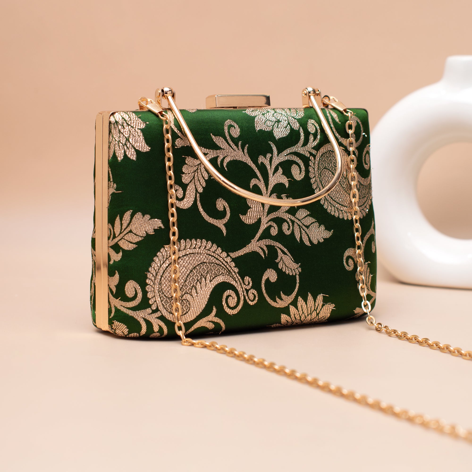 Artklim Emerald Green Gold Embroidered Clutch