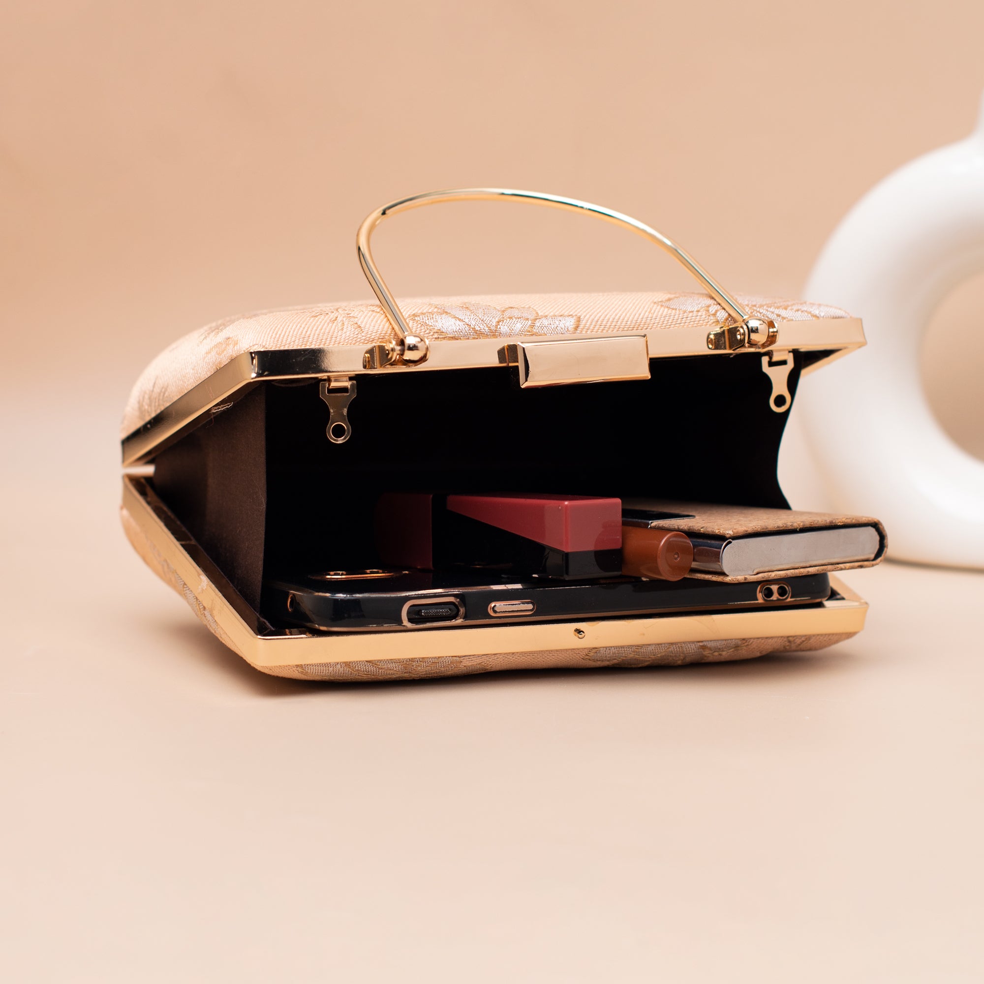 Artklim Soft Champagne Gold Floral Embroidered Clutch
