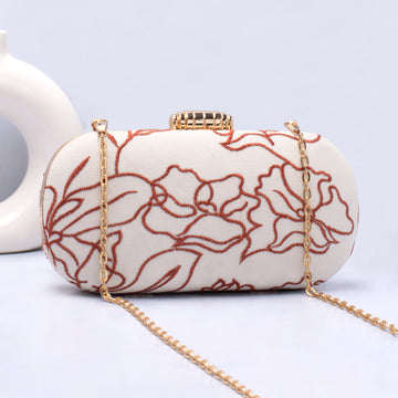 Artklim Off White Base Brown Threadwork Embroidery Capsule Clutch