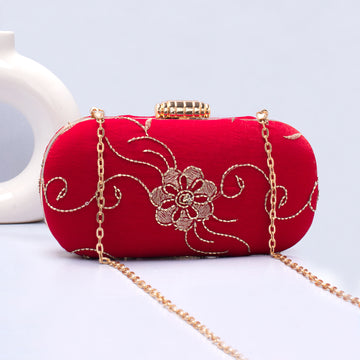 Artklim Red Based Golden Threadwork Embroidery Capsule Clutch