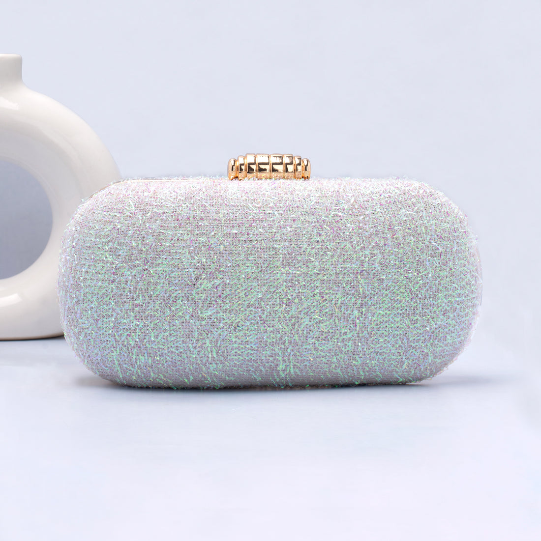 Artklim White Based Multicolored Shiny Fabric Capsule Clutch