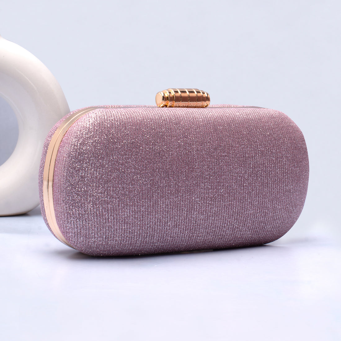 Artklim Pink Based Shiny Fabric Capsule Shaped Clutch