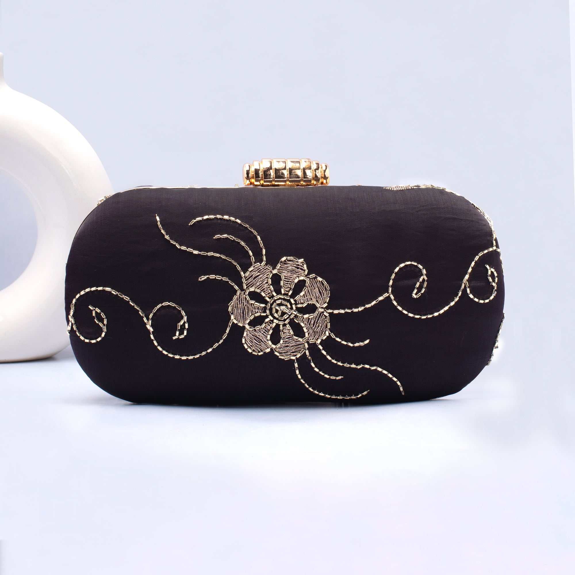 Artklim Black Based Golden Threadwork Embroidery Capsule Clutch
