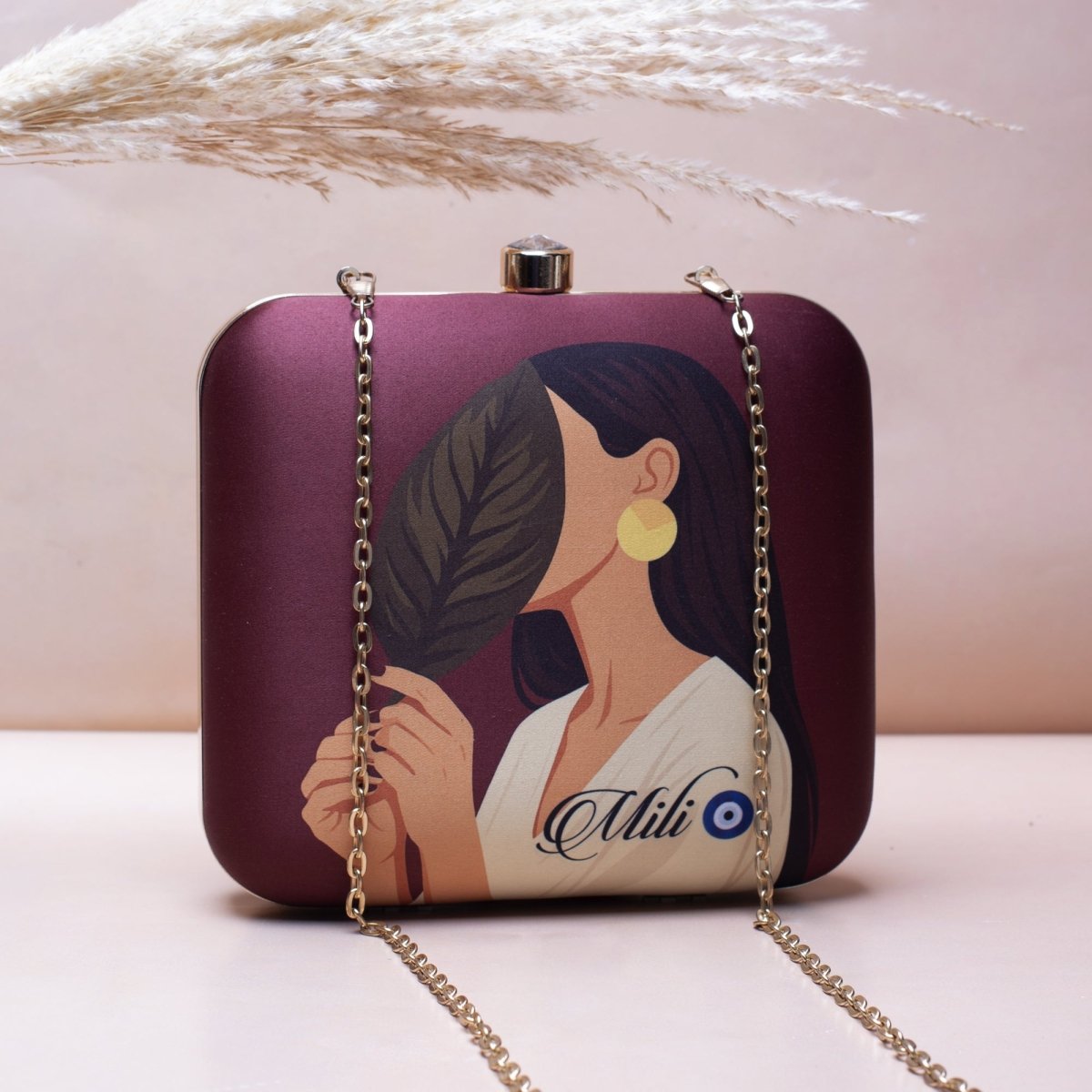 Artklim Dark Brown Asthetic Girl Portrait Printed Name Customised Clutch