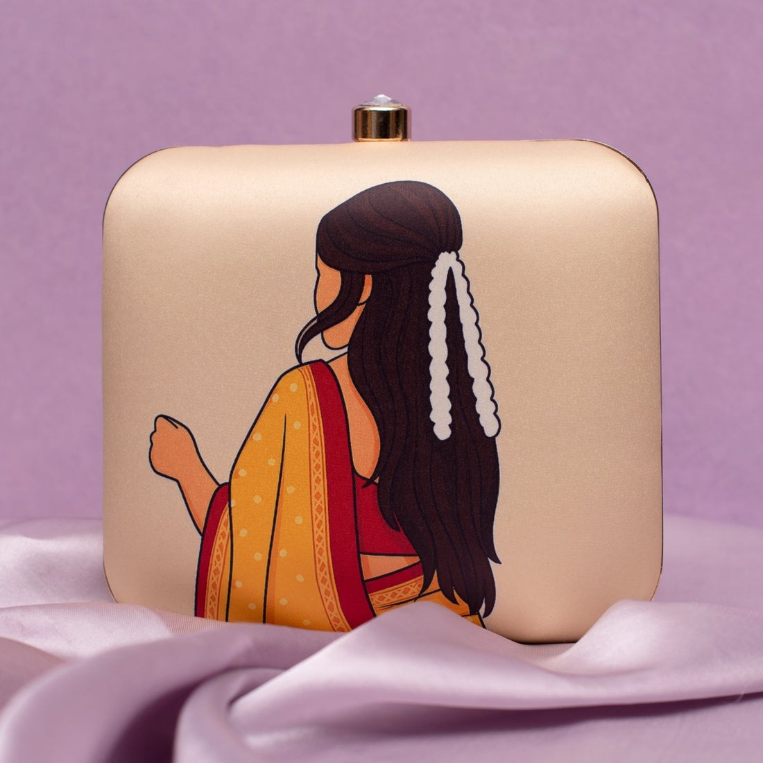 Artklim Beige Based Mustard Saree Woman With Gajra Portrait Printed Clutch