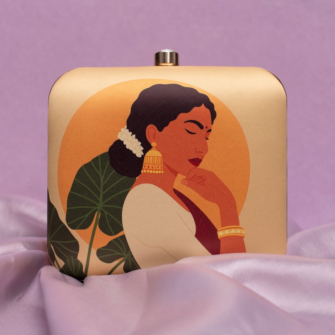 Artklim Beige Based Elegant Woman Portrait Printed Clutch