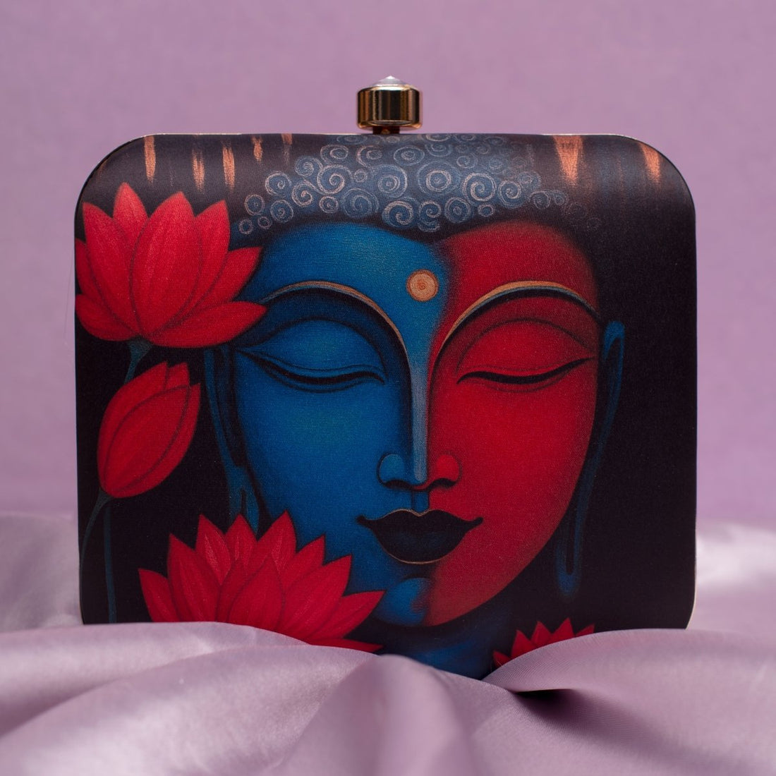 Artklim Black Based Buddha With Lotus Flower Printed Clutch