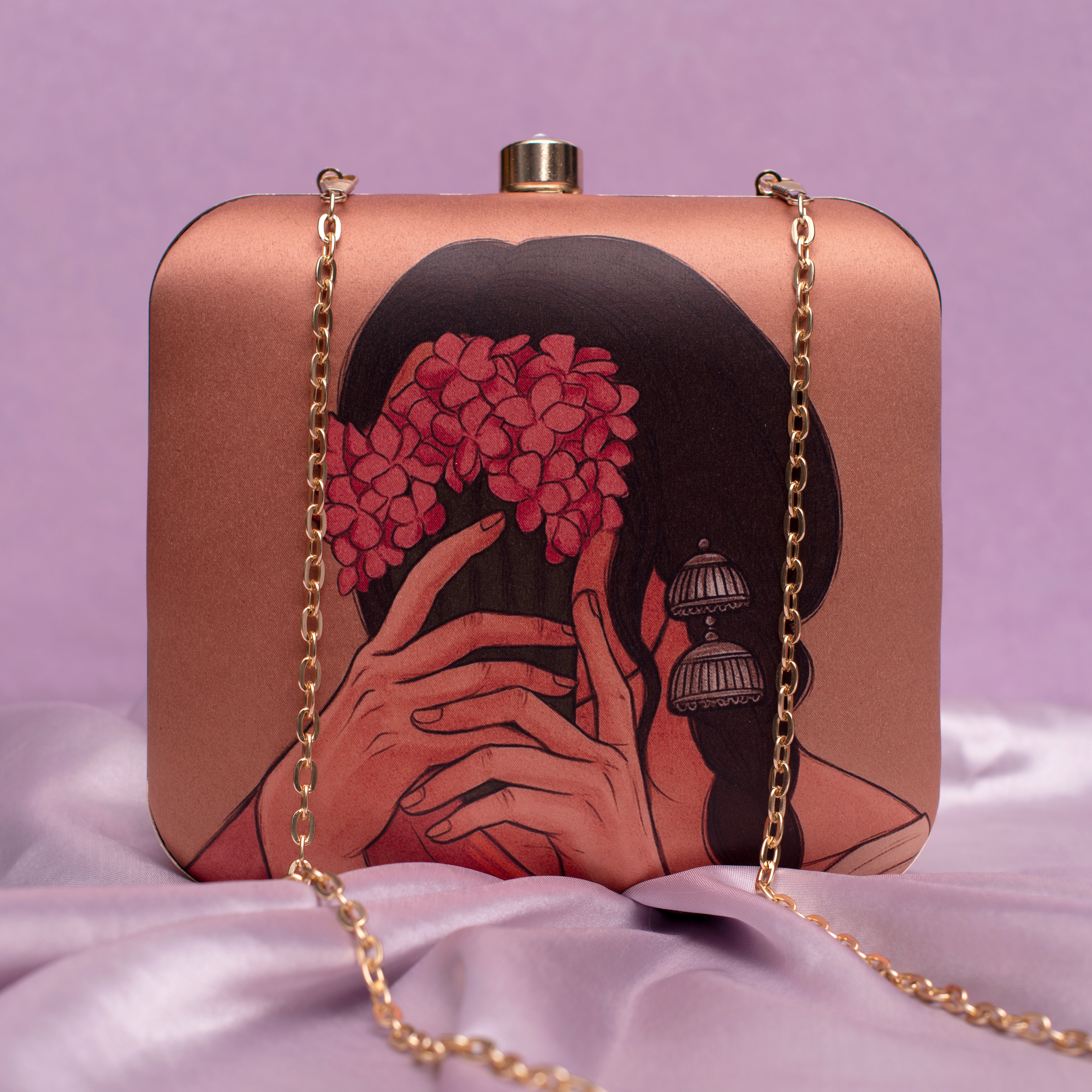 Artklim Brown Based Floral Lady Portrait Printed Clutch