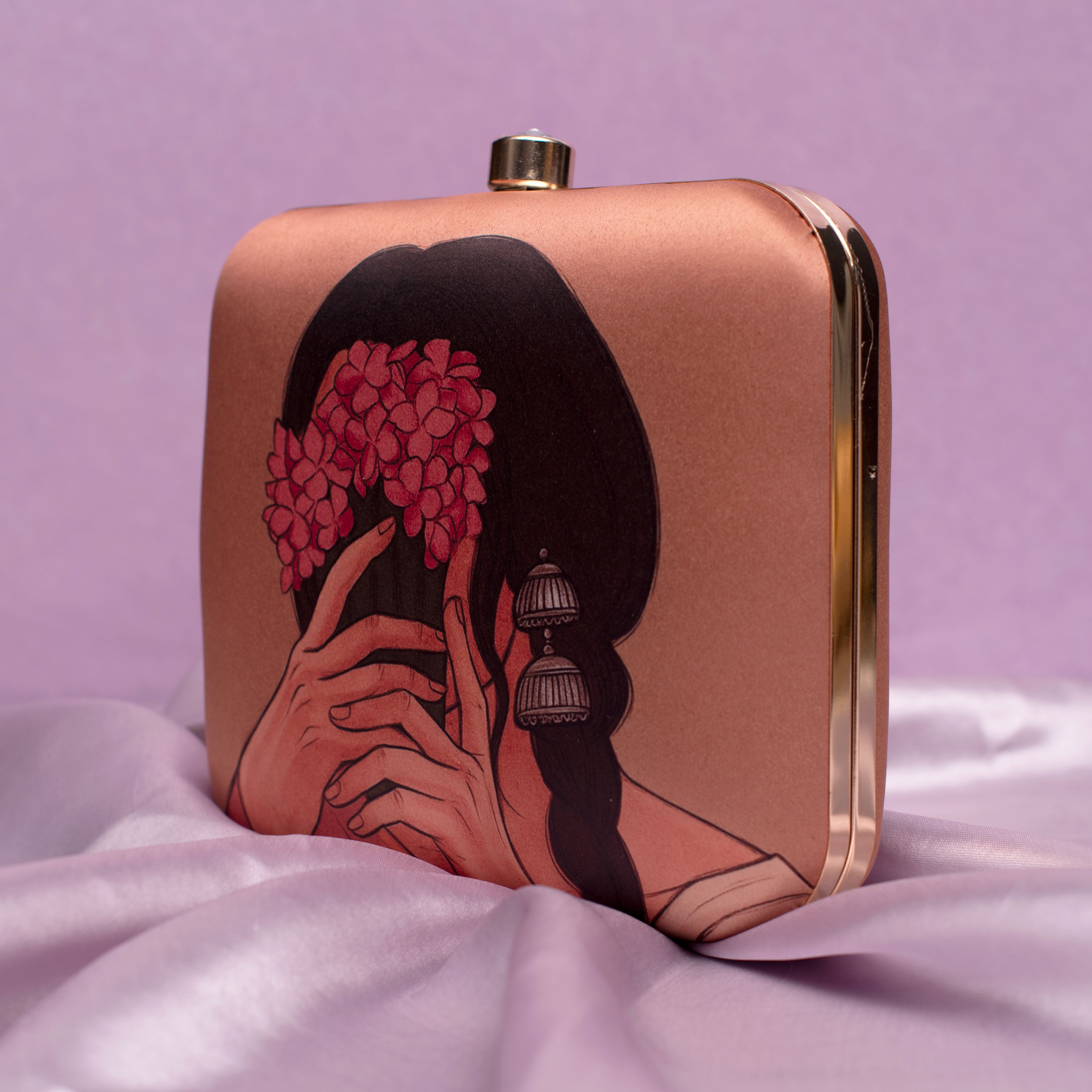 Artklim Brown Based Floral Lady Portrait Printed Clutch