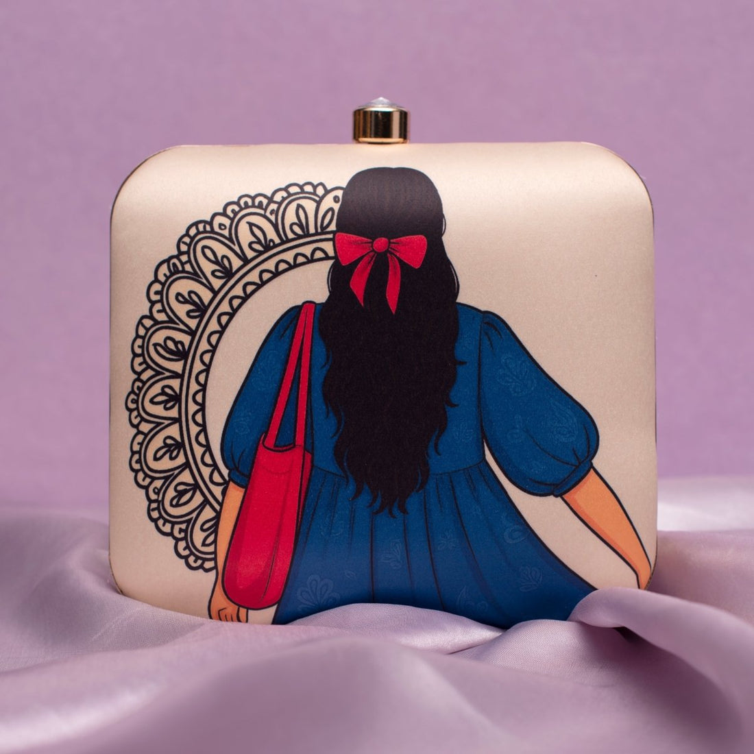 Artklim Beige Based Girl With Red Bow Portrait Printed Clutch