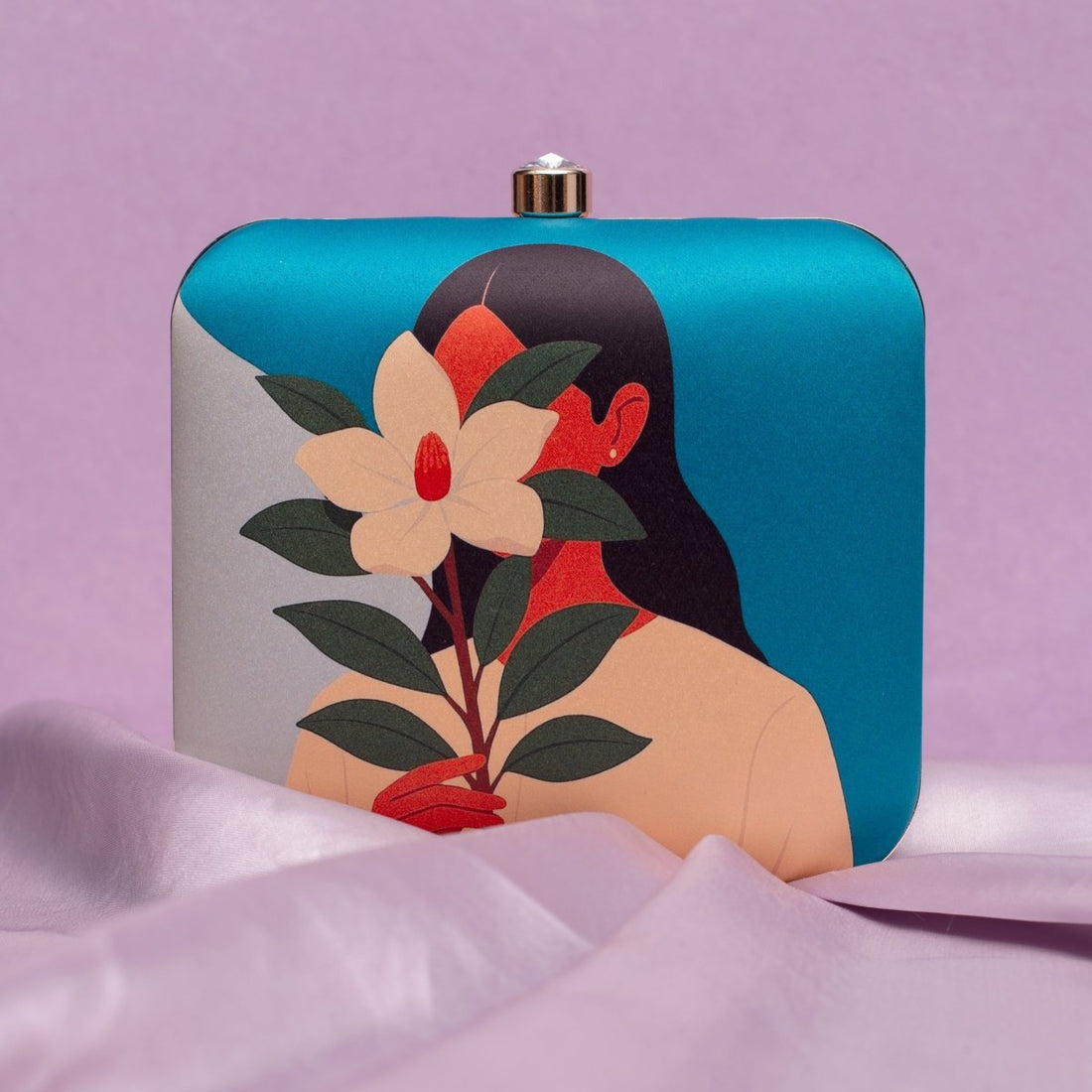 Artklim Blue Based Girl With Magnolia Flower Portrait Printed Clutch
