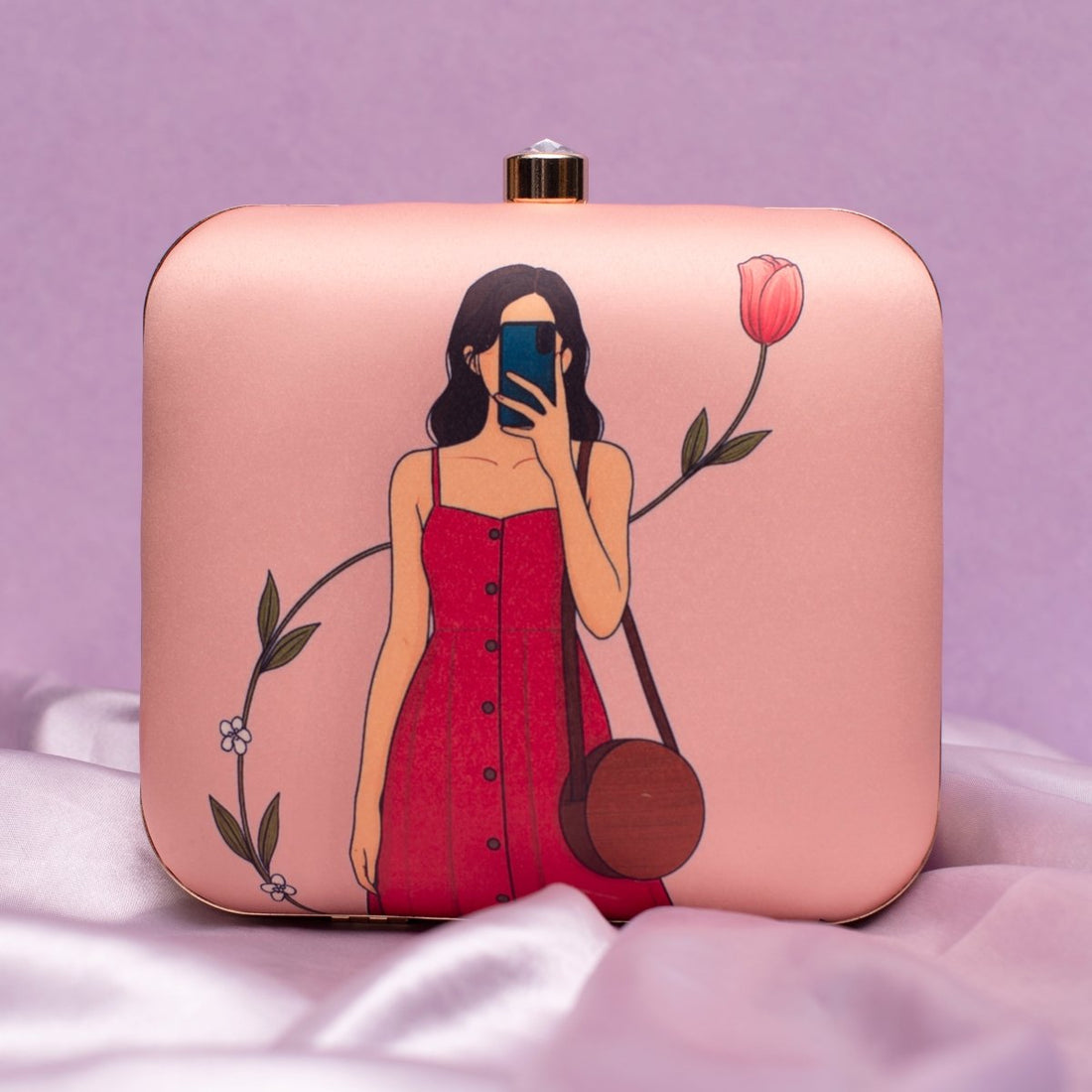Artklim Peach Based Selfie Girl Portrait Printed Clutch