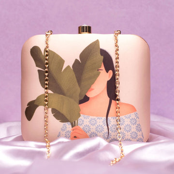 Artklim Beige Based Leaf Girl Portrait Printed Clutch