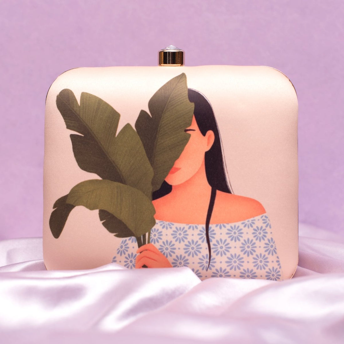 Artklim Beige Based Leaf Girl Portrait Printed Clutch