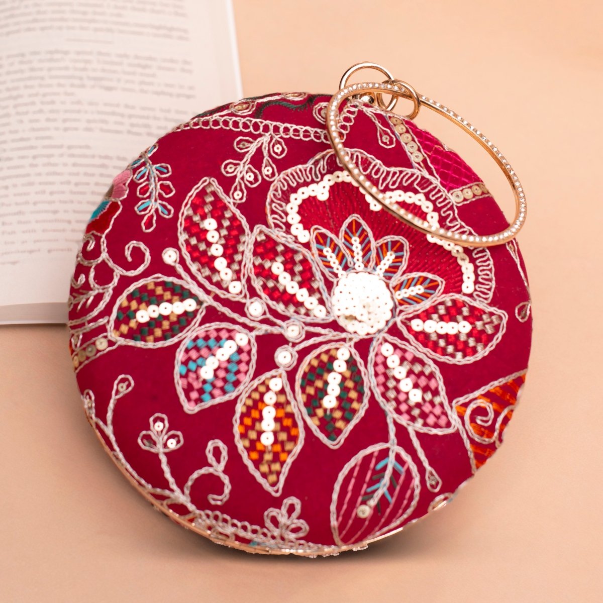 Artklim Deep Red Base Mutlicolored Threadwork Embroidery Clutch