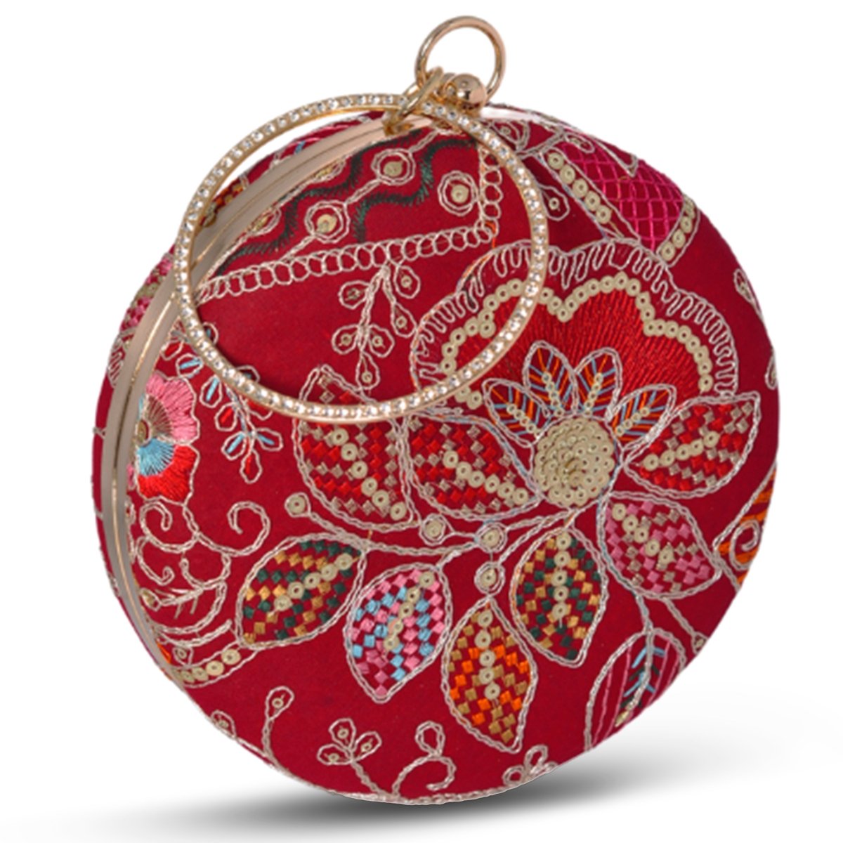 Artklim Deep Red Base Mutlicolored Threadwork Embroidery Clutch
