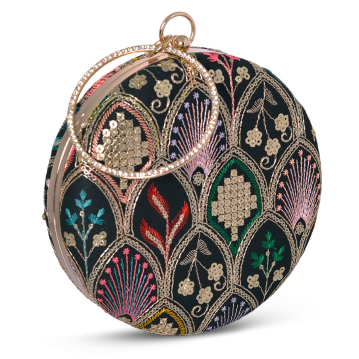 Artklim Black Base Multicolored Thread And Sequins Embroidery Clutch