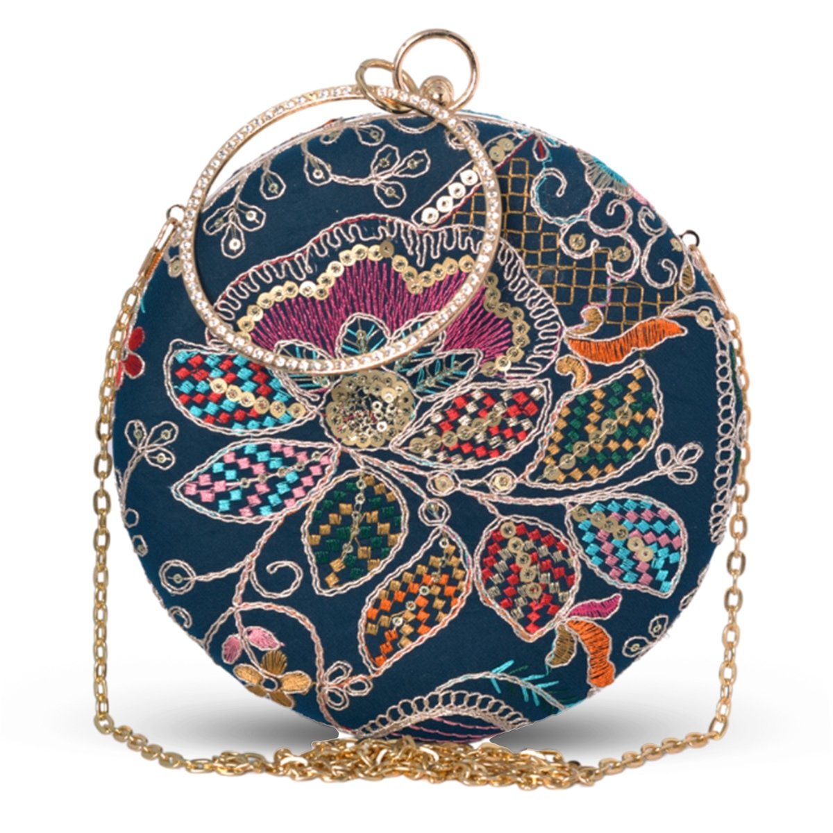 Artklim Marine Blue Based Floral Embroidery Clutch