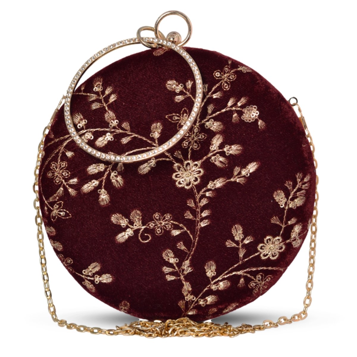Artklim Maroon Base Golden Sequins And Thread Embroidery Clutch