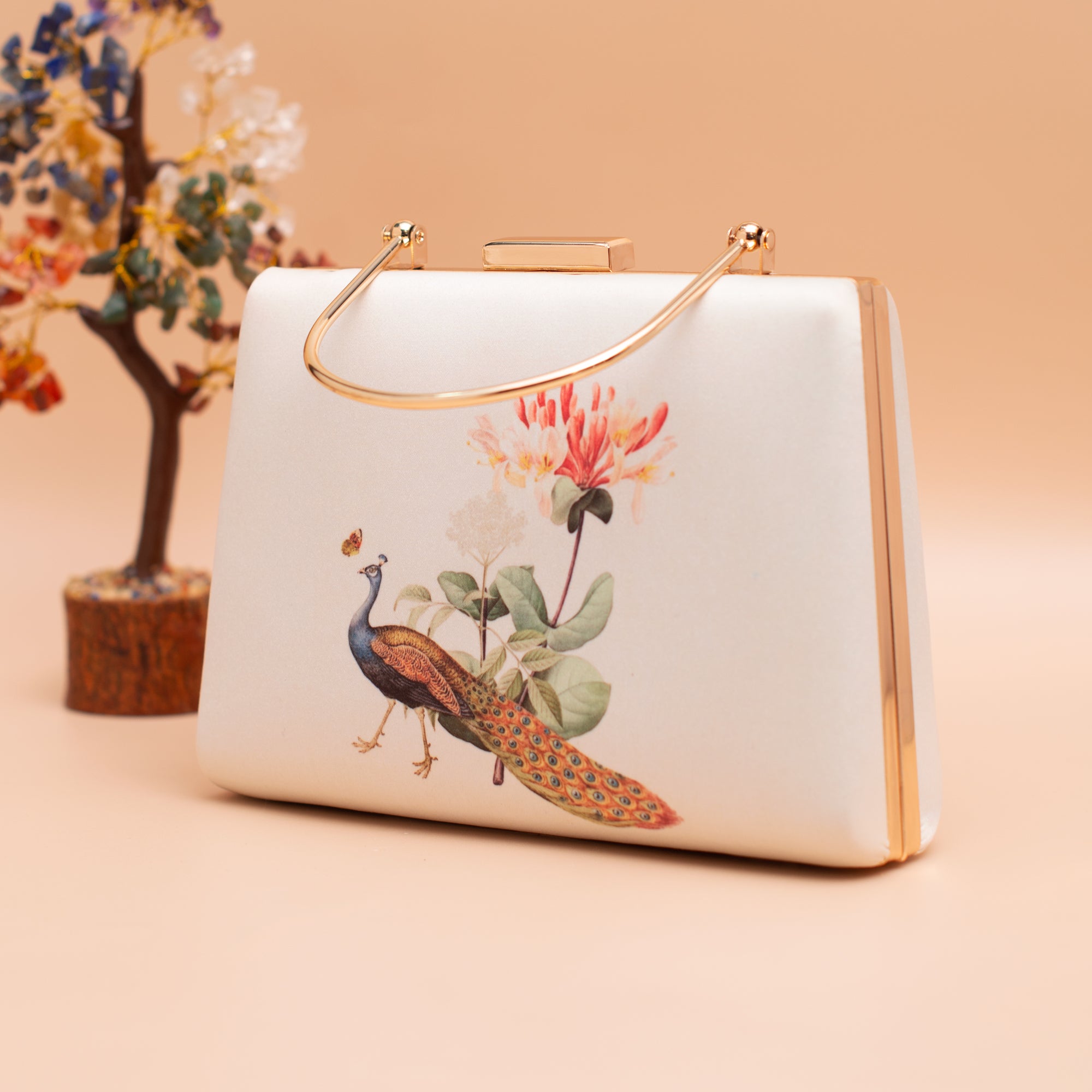 Artklim Peacock With Flower Printed Clutch