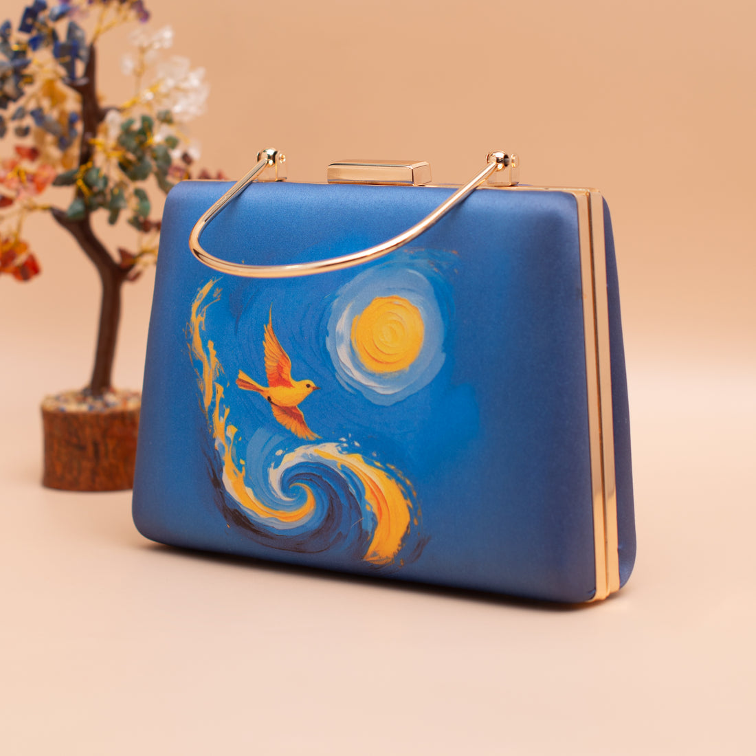 Artklim Blue Abstract Bird And Sun Printed Clutch