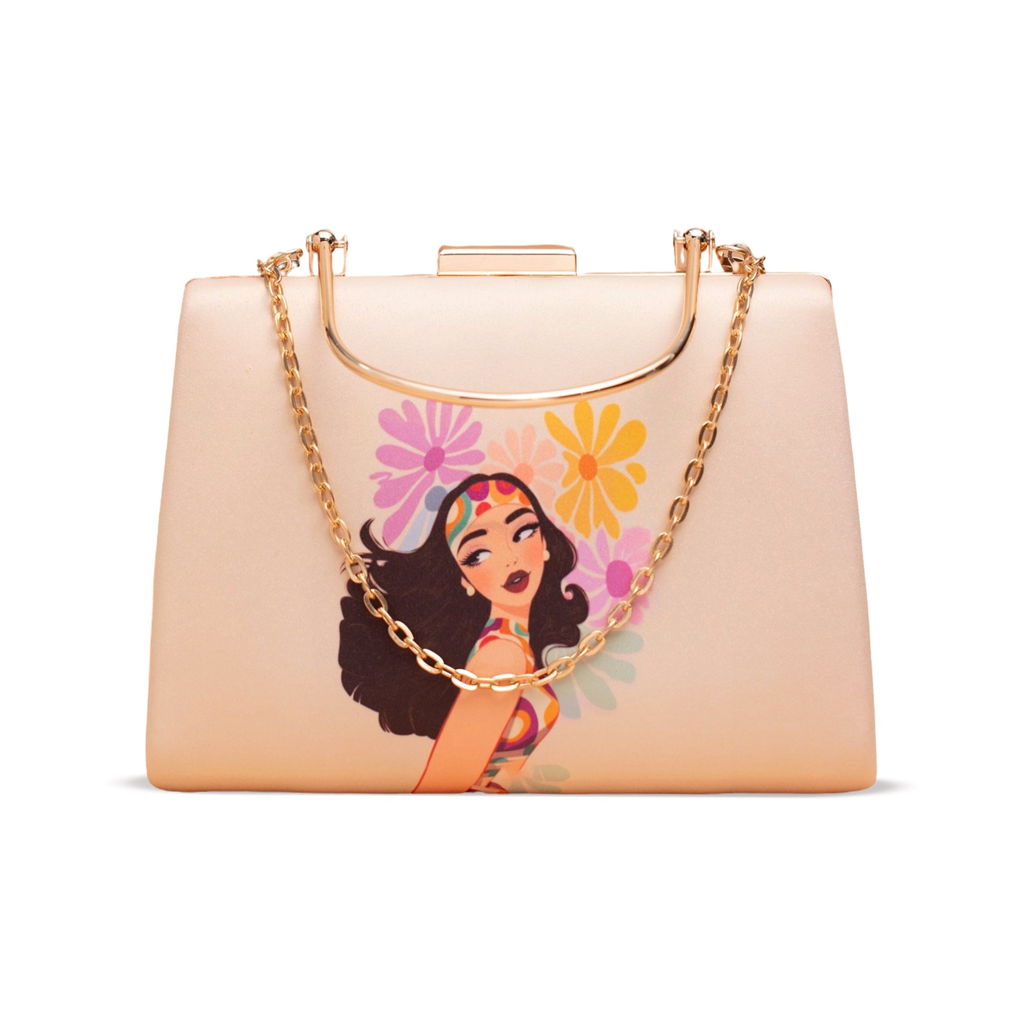 Artklim Multicolored Flowers With Girl Printed Clutch