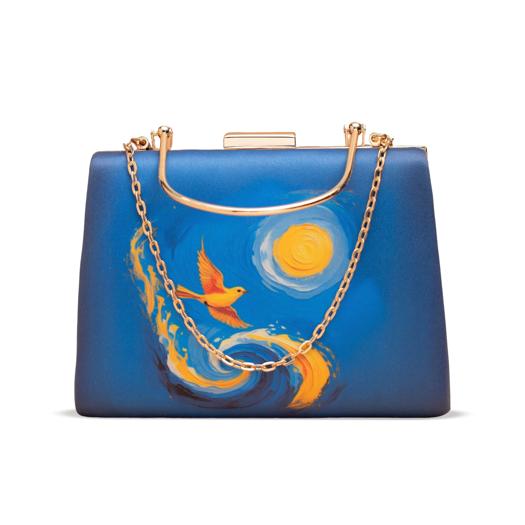Artklim Blue Abstract Bird And Sun Printed Clutch