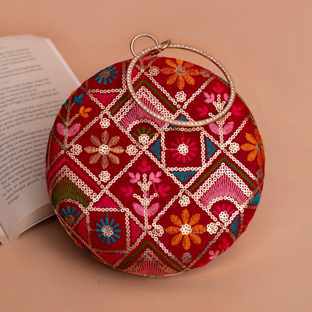 Artklim Red Based Multicolored Thread And Sequins Embroidery Clutch