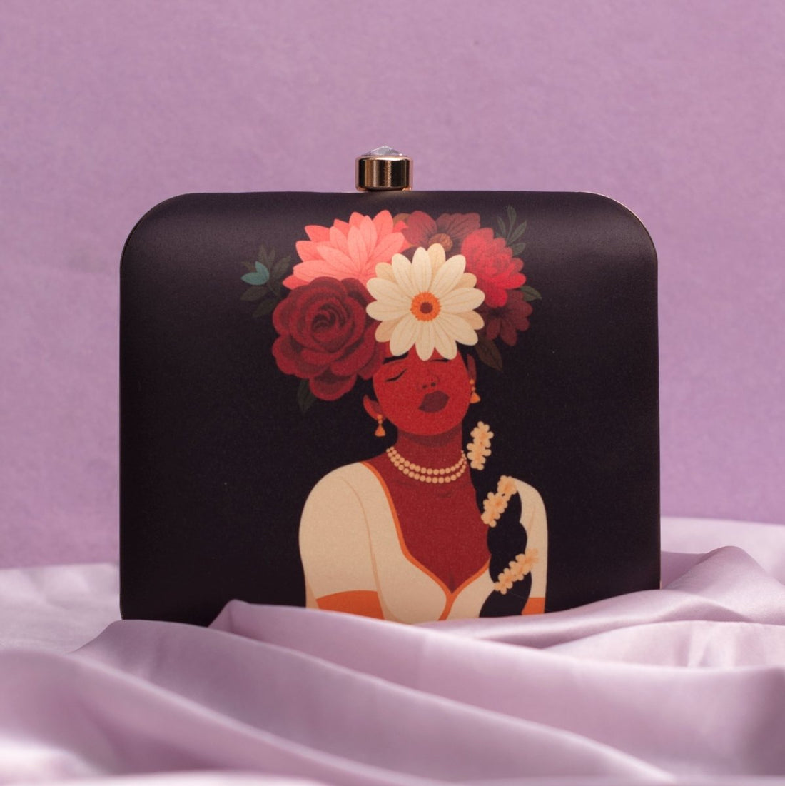 Artklim Black Based Afro Woman Portrait Printed Clutch