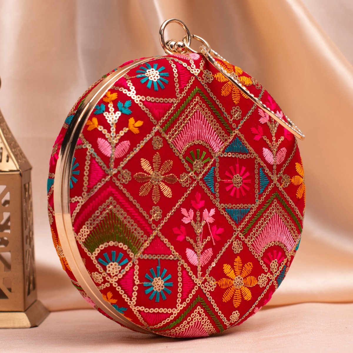 Artklim Red Based Multicolored Thread And Sequins Embroidery Clutch