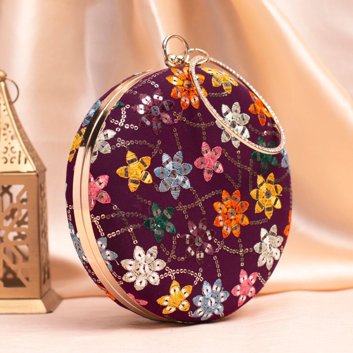 Artklim Wine Based Multicolored Threadwork Sequins Embroidery Clutch