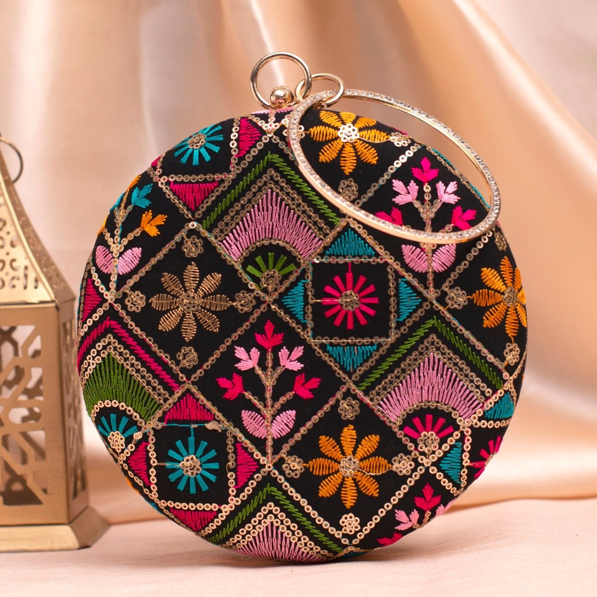Artklim Black Based Multicolored Thread And Sequins Embroidery Clutch