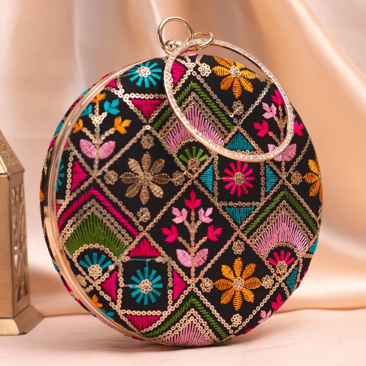 Artklim Black Based Multicolored Thread And Sequins Embroidery Clutch