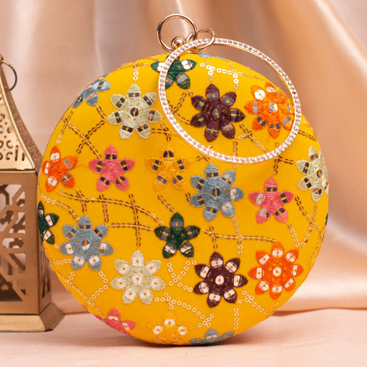 Artklim Yellow Based Multicolored Threadwork And Sequins Embroidery Clutch