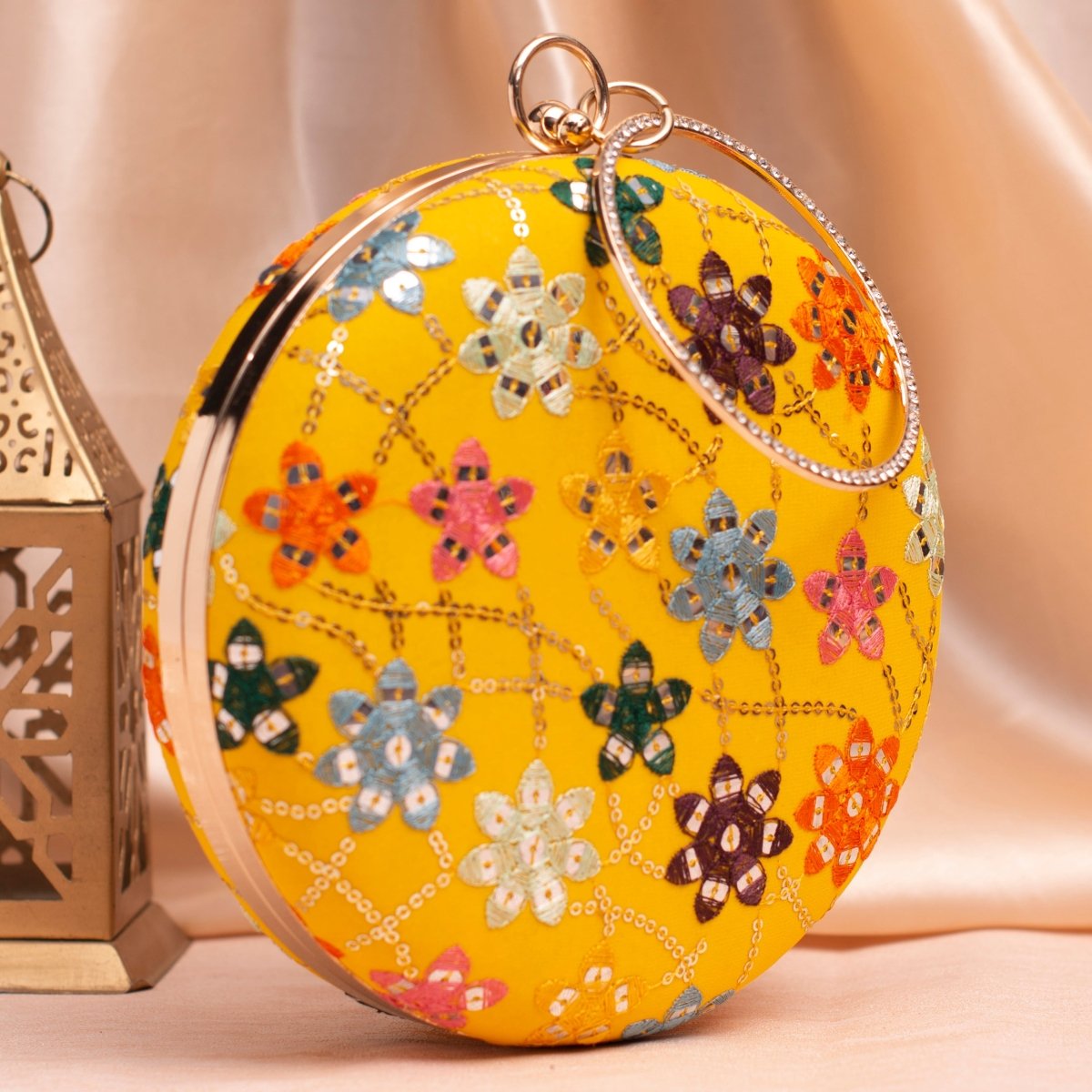 Artklim Yellow Based Multicolored Threadwork And Sequins Embroidery Clutch