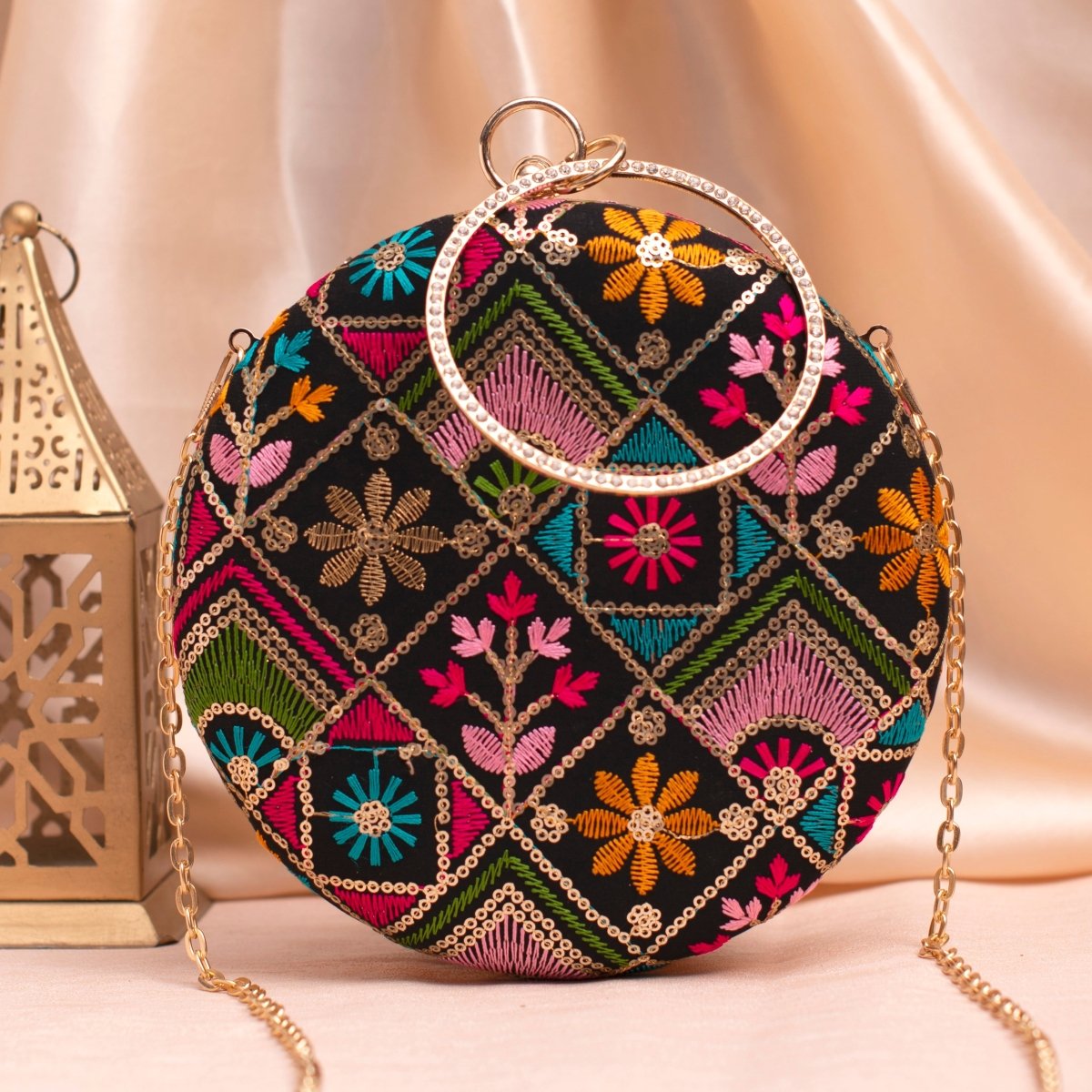 Artklim Black Based Multicolored Thread And Sequins Embroidery Clutch