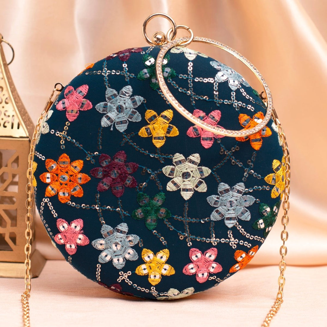 Artklim Marine Blue Based Floral Threadwork Embroidery Clutch
