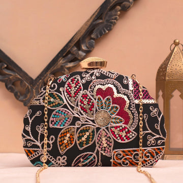 Artklim Black Base Multicolored Floral Embrodiery Clutch