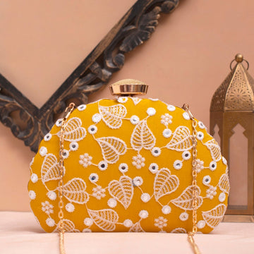 Artklim Yellow Base White Thread Embrodiery Clutch