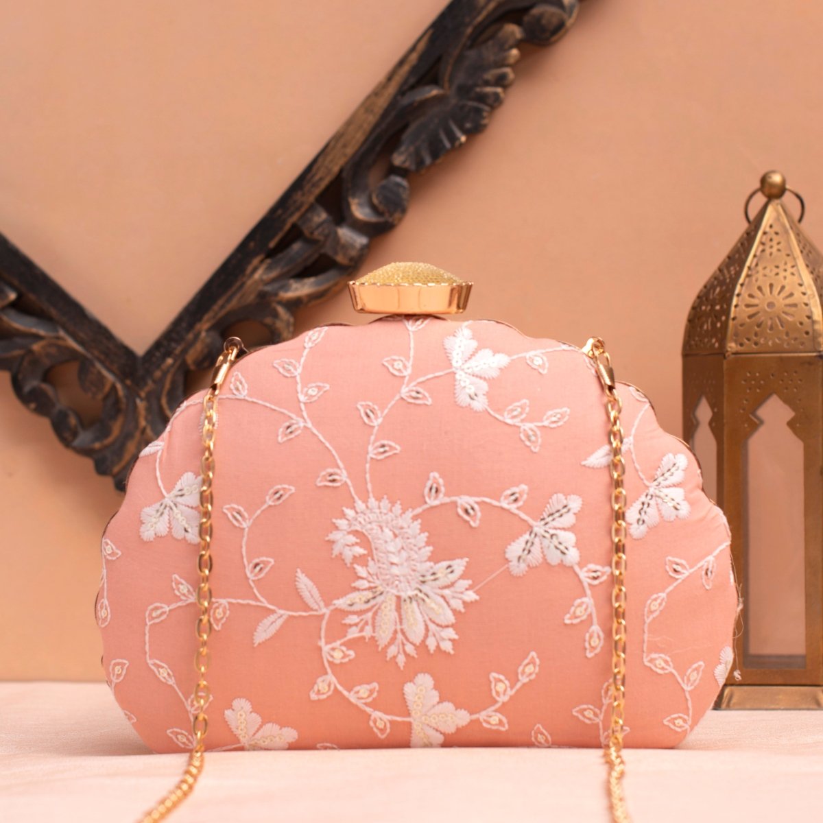 Artklim Peach Base White Threadwork Embrodiery Clutch