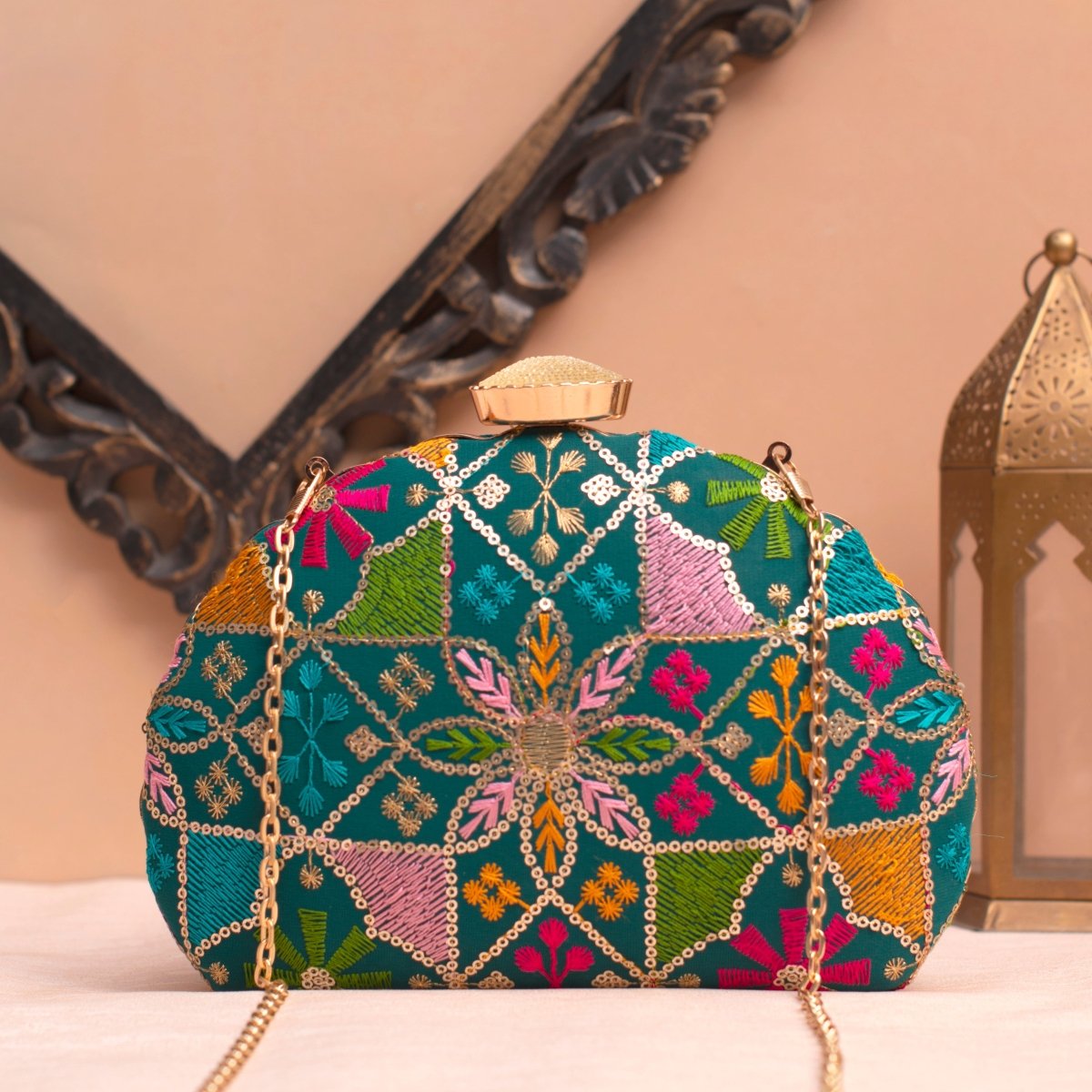 Artklim Green Base Floral Pattern Embrodiery Clutch