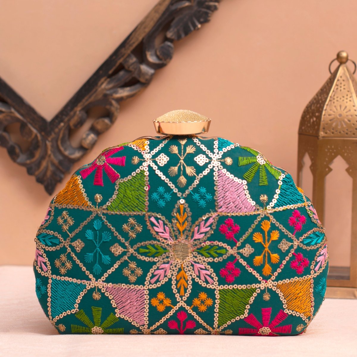 Artklim Green Base Floral Pattern Embrodiery Clutch