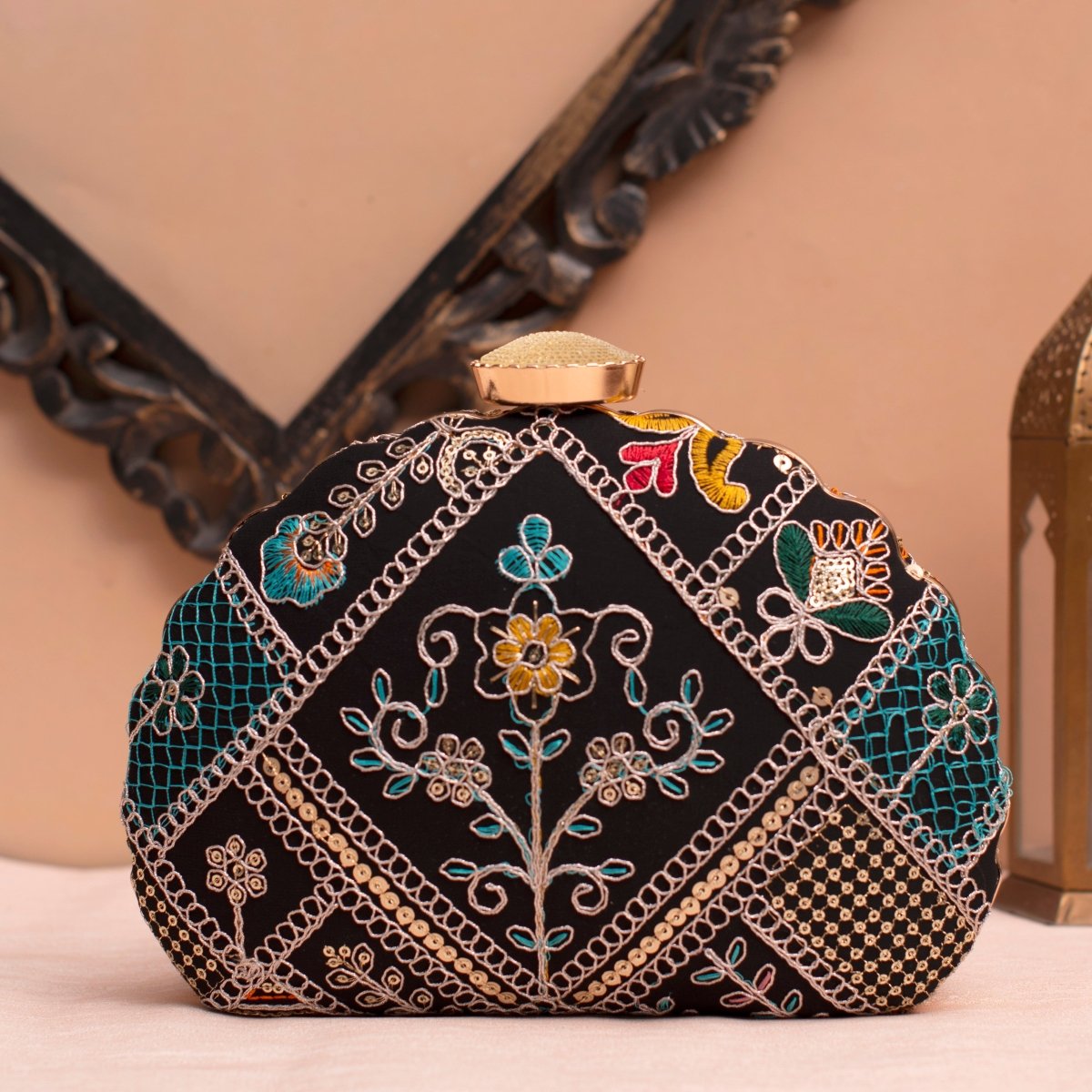 Artklim Black Base Multicoloured Embroidery Clutch