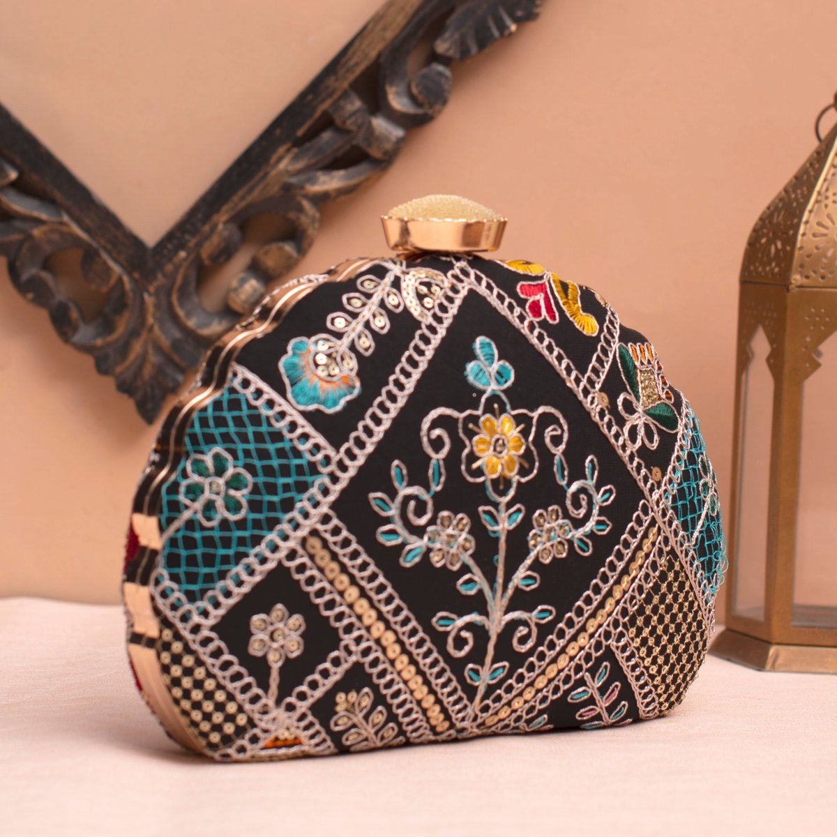 Artklim Black Base Multicoloured Embroidery Clutch